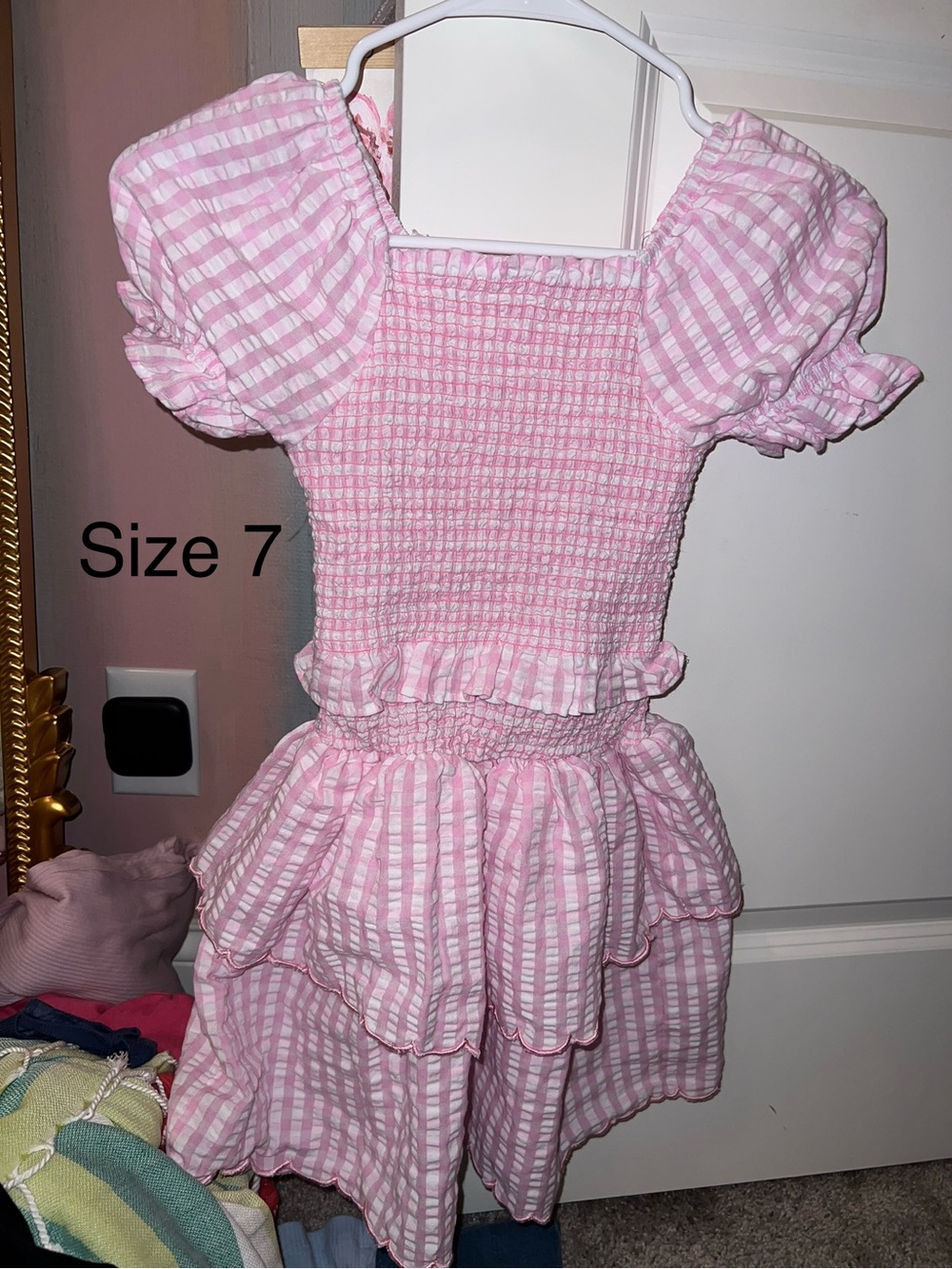 belk Pink and White Gingham Smocked Puff Sleeve Dress